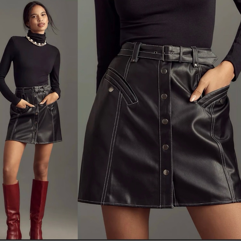 Maeve Faux-Leather Button-Front Belted Mini Skirt in black